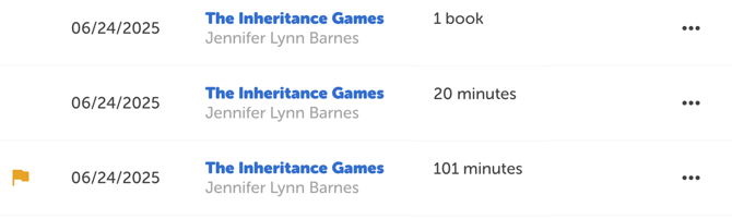 A student’s reading log featuring a flagged entry with 101 minutes logged, beyond the set daily limit (1)
