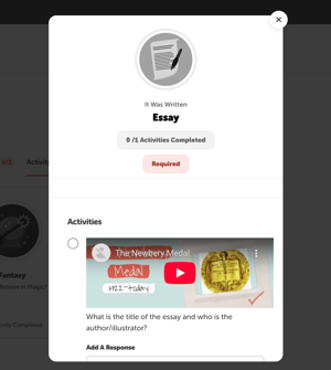 Activity badge modal from the reader view, with an embedded video in an activity