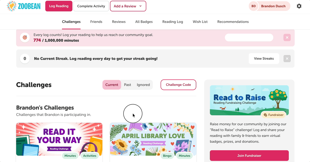 How do reading challenges work in Beanstack for readers?