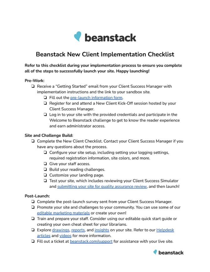 Beanstack New Client Implementation Checklist