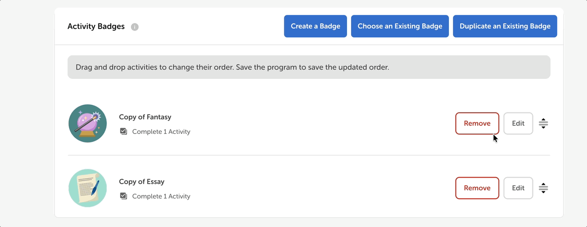 Changing the order of activity badges for a reading challenge draft