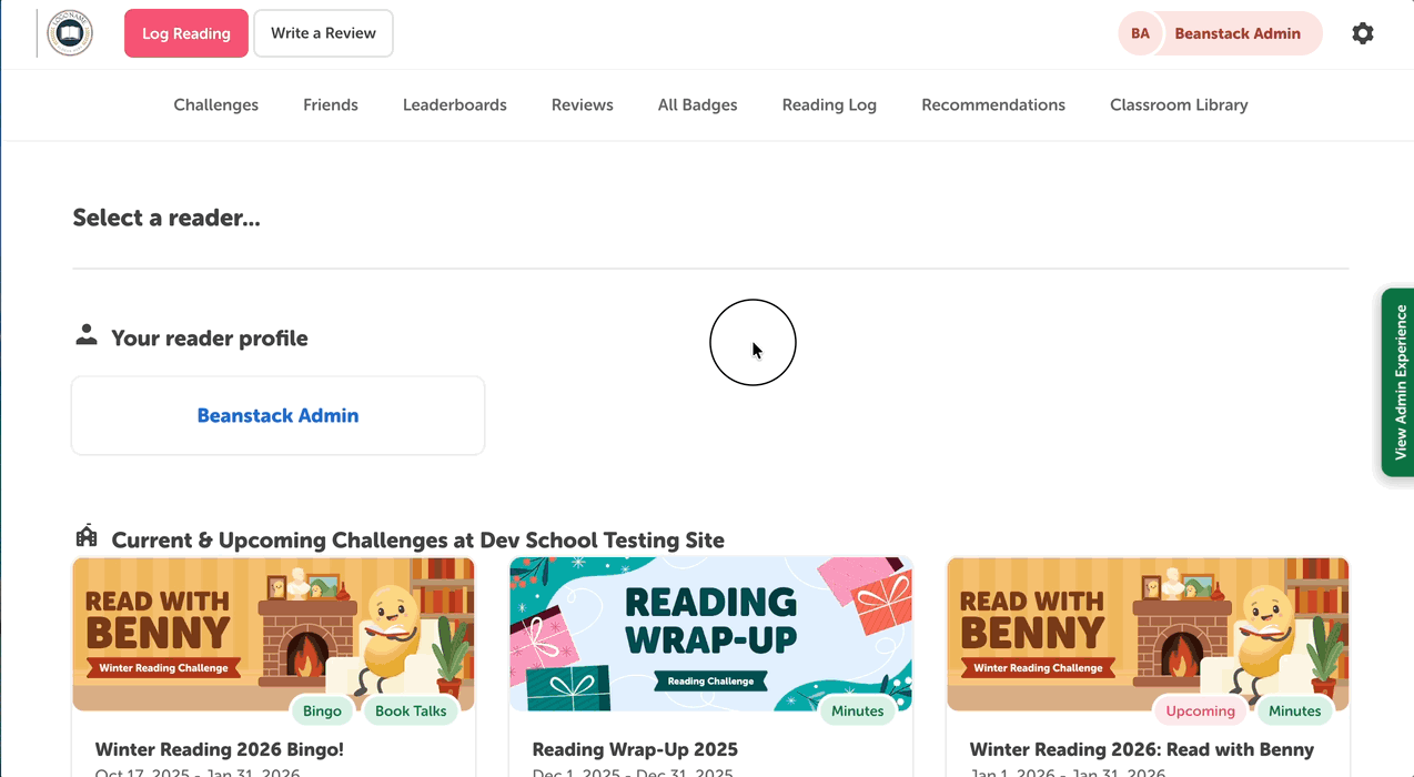 Toggling to the new web logging form from the admin view of a Beanstack site