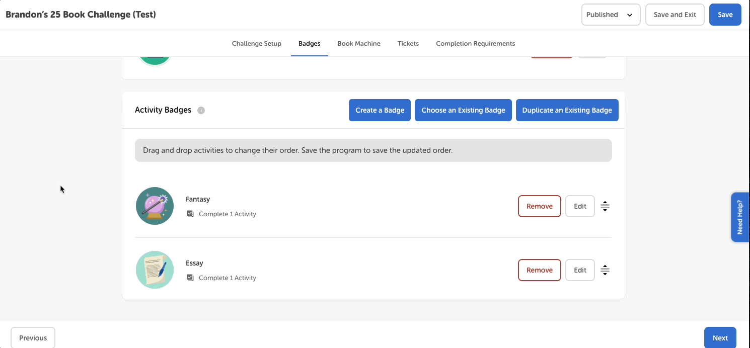 Editing an activity badge name from the admin view