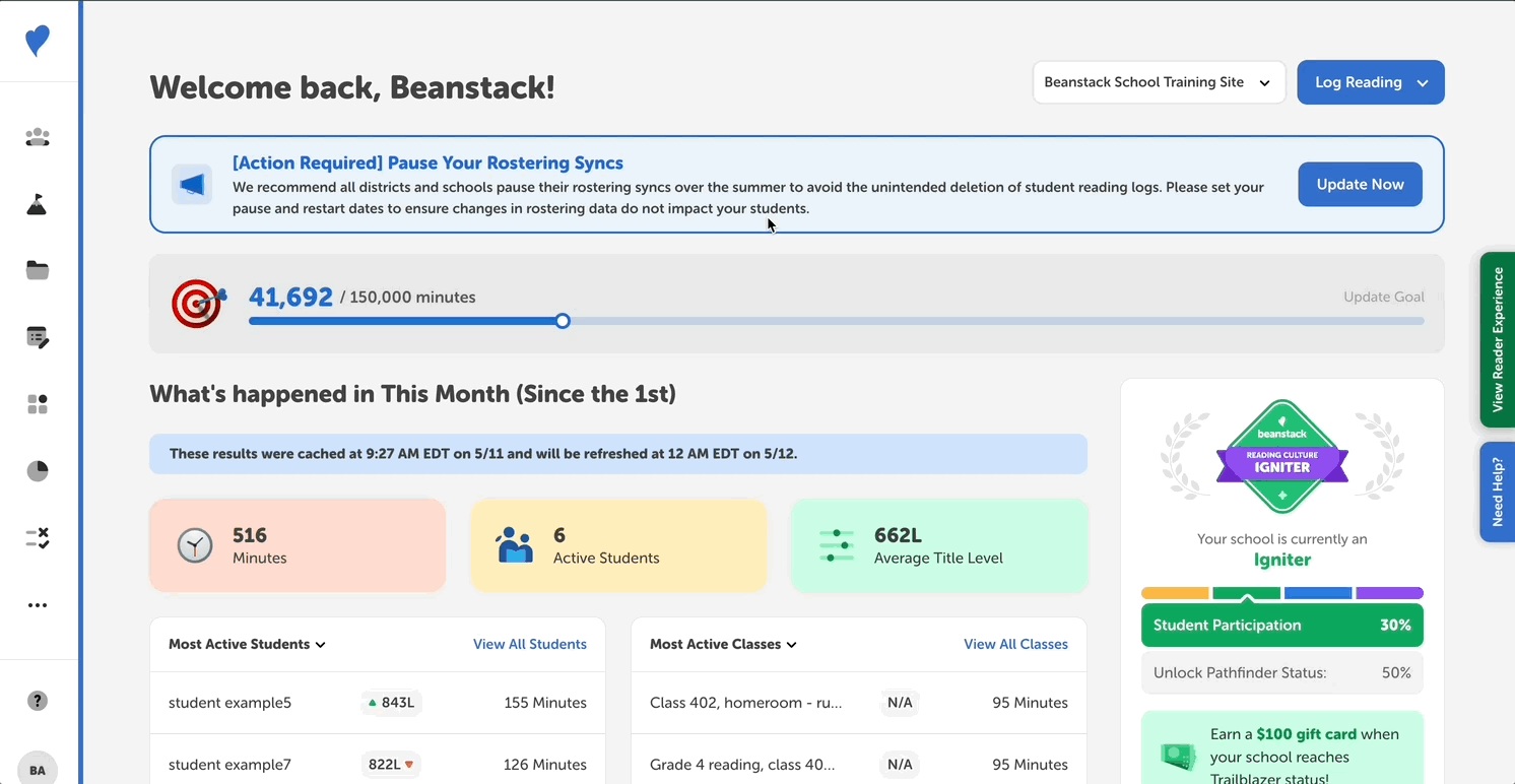 Exploring the lexile dashboard within the admin view of a school site