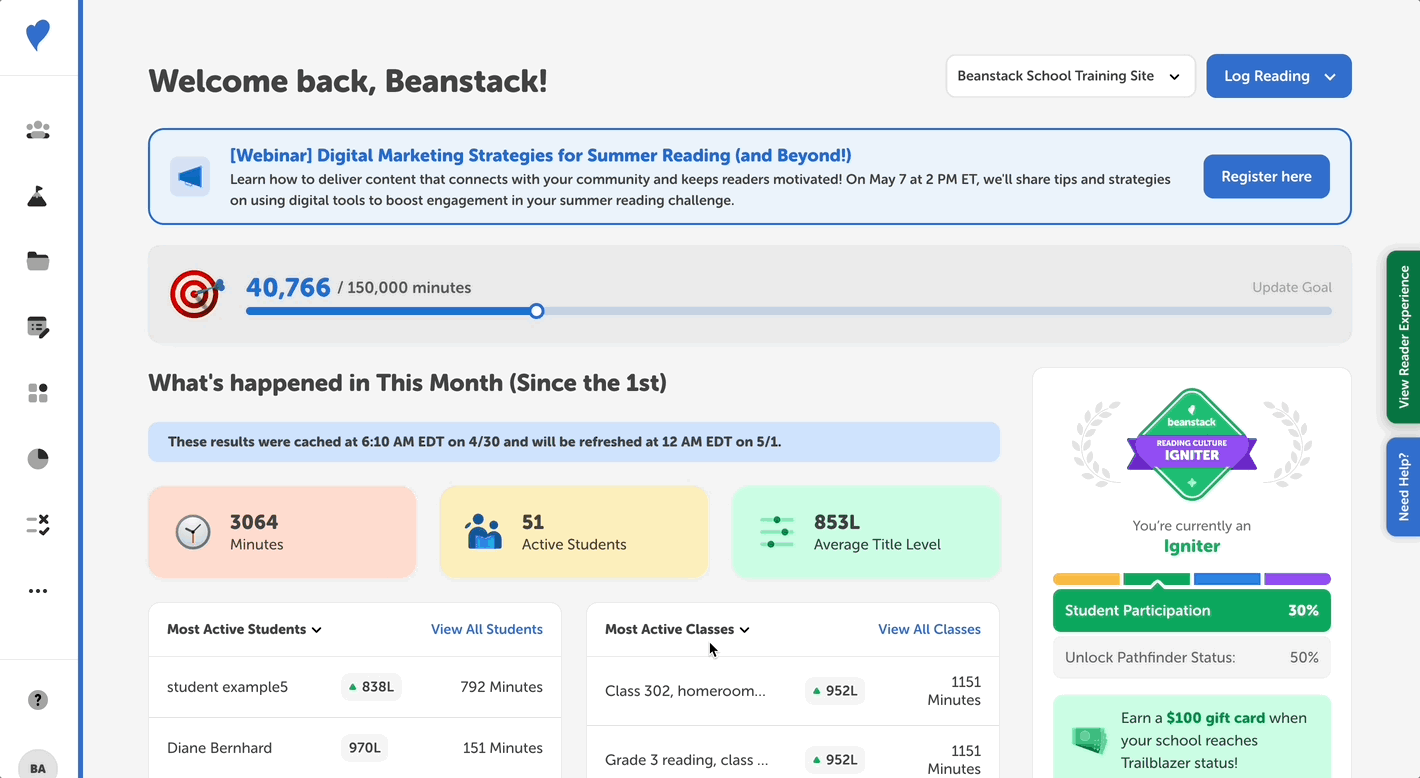 Identifying a tandem reader on the school admin view