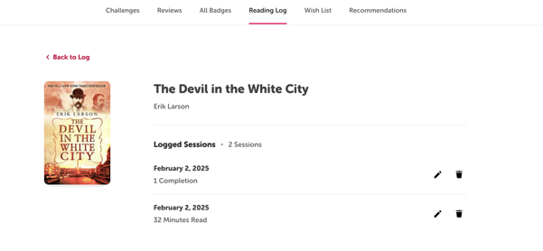 Logged session information for “The Devil in the White City” on the web version of the Beanstack site’s reader view