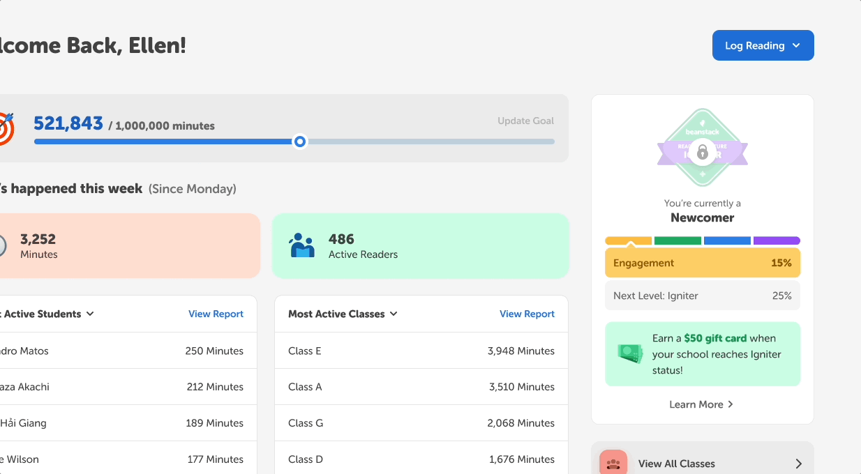 Logging a reading session as a teacher on the admin view of a school site