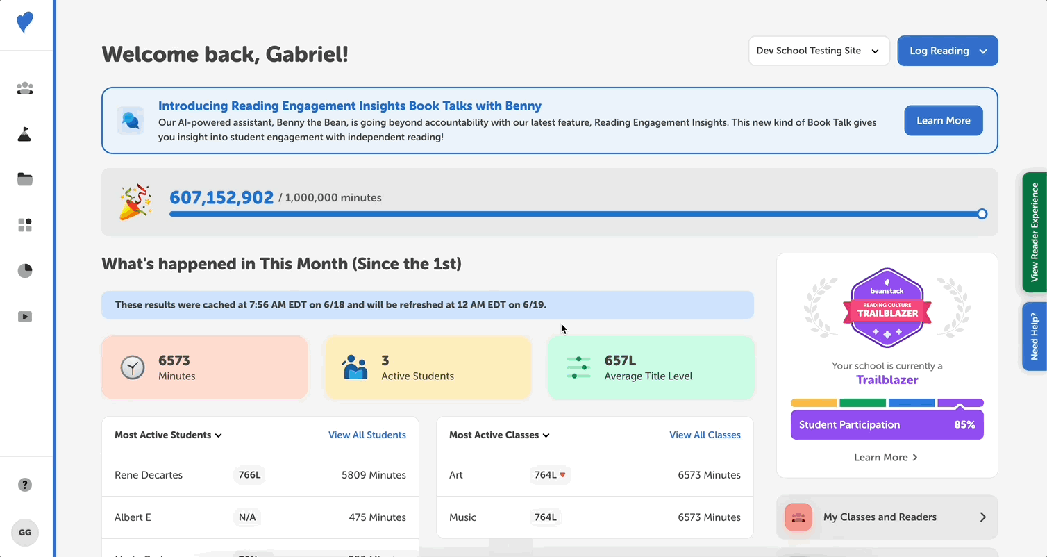 Logging a reading session as a teacher on the reader view of a school site