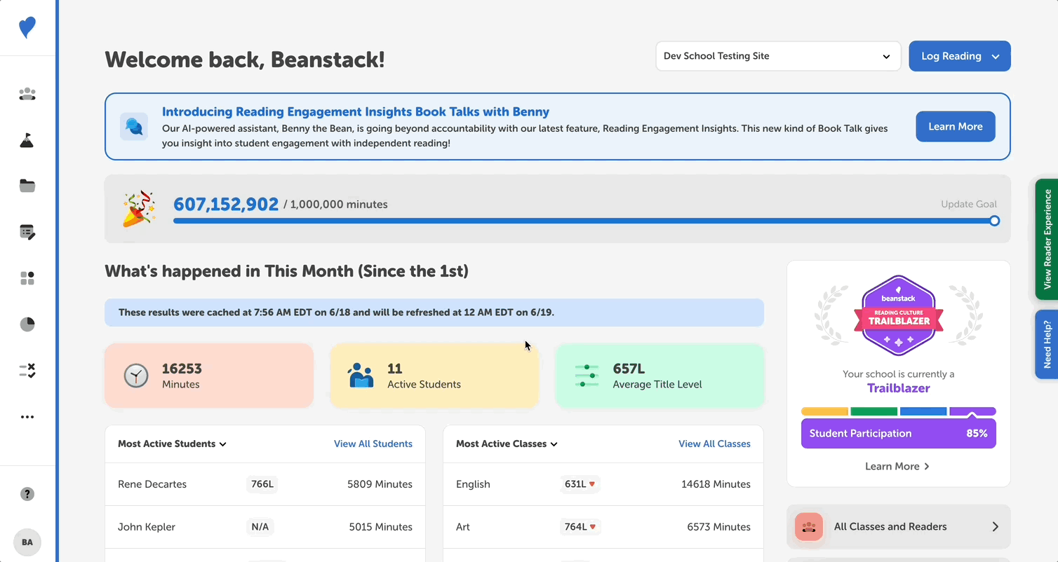 Logging a reading session for a media specialist plus user from the reader view on a school site