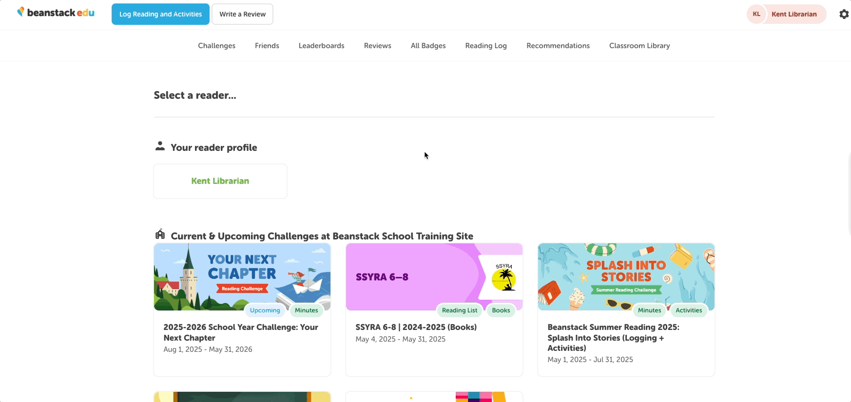 Logging a reading session from the reader view of a school site