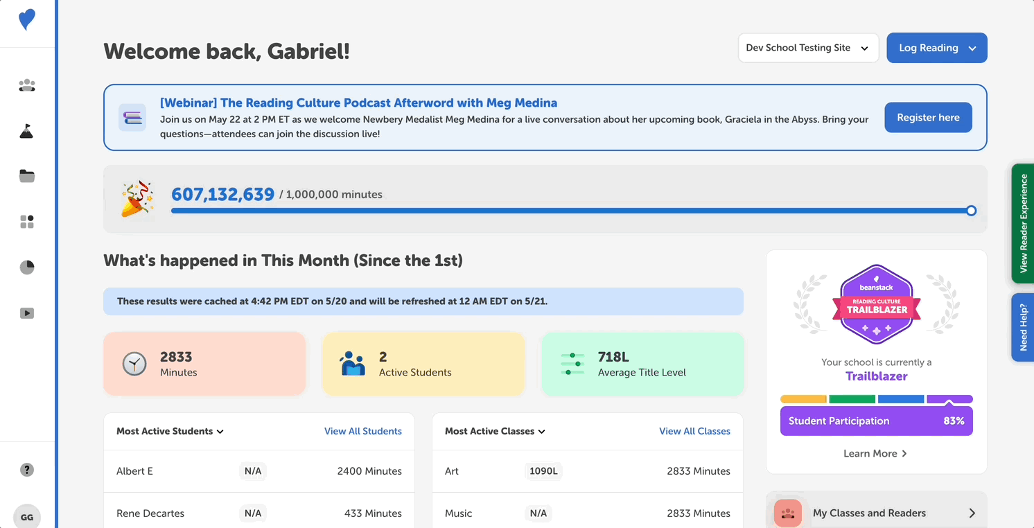 Logging a session for a reading list challenge for a single student from the admin view