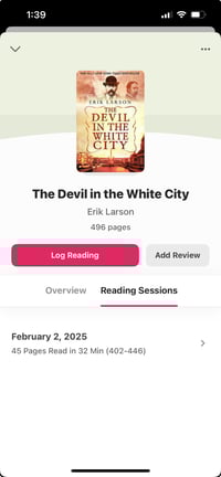 Mobile view of reading sessions for “The Devil in the White City” (1)