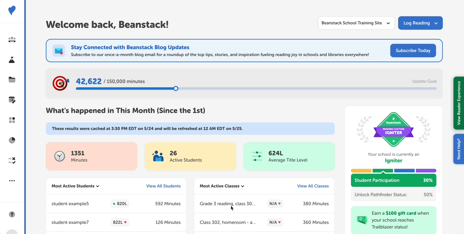 Navigating to and walking through the Classroom Library Connector on the admin view of a school site