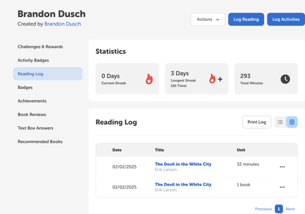 Reading log for a reader profile on the admin view of a Beanstack site