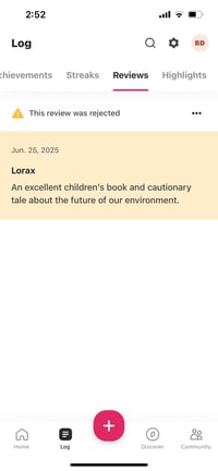 Rejected written review on the mobile version of a reader account for a Beanstack site