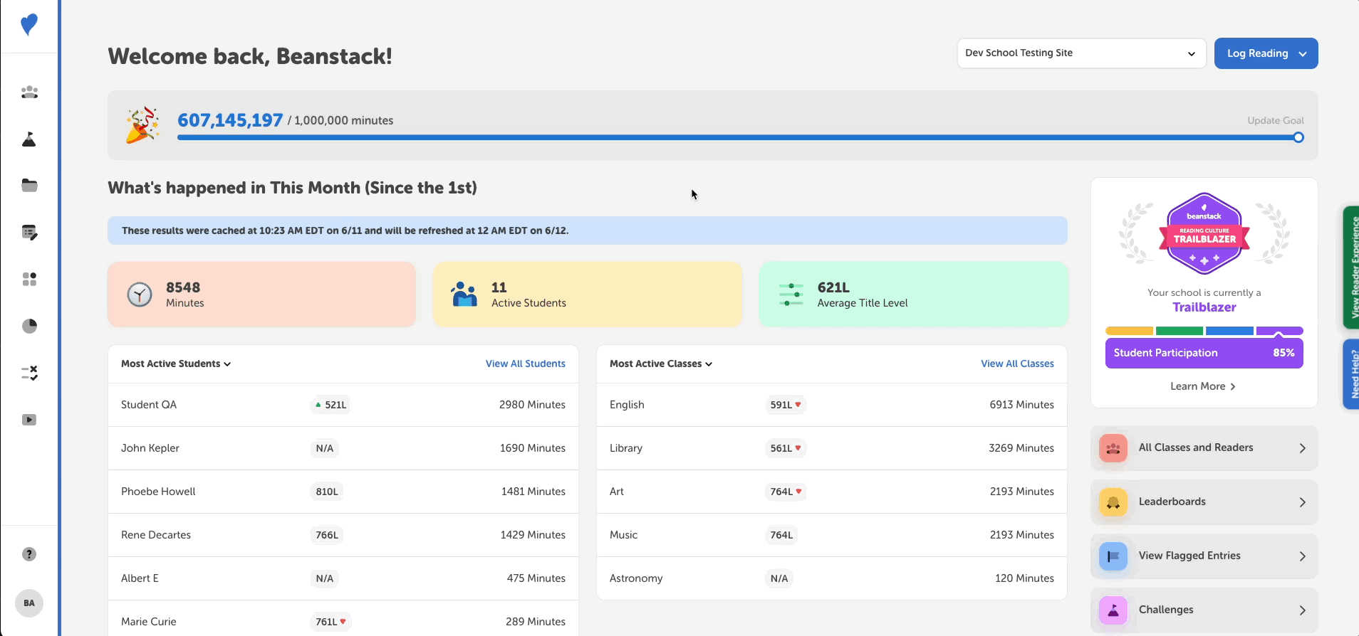 Reviewing flagged reading sessions for students from the admin view of a school site
