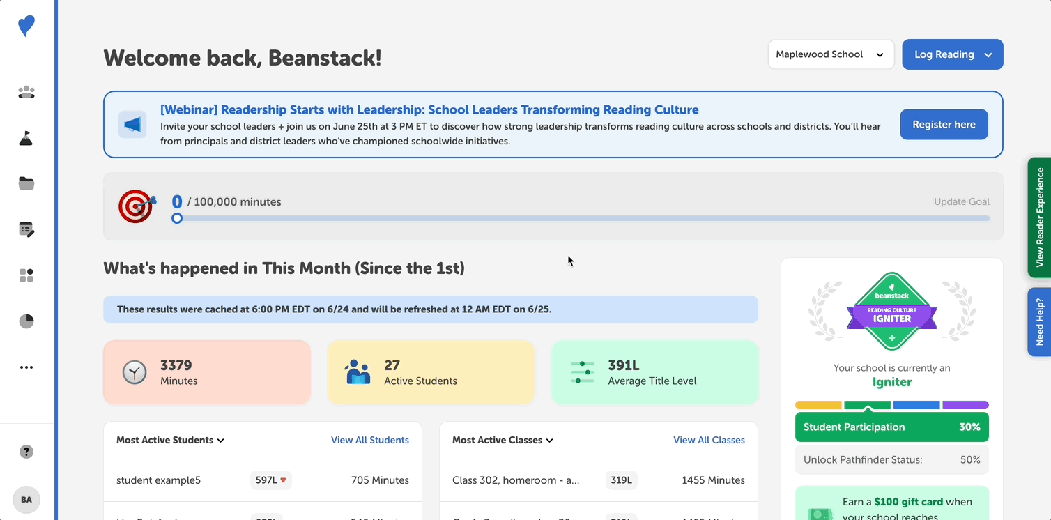 Reviewing reading engagement sessions for students from the admin view of a school site