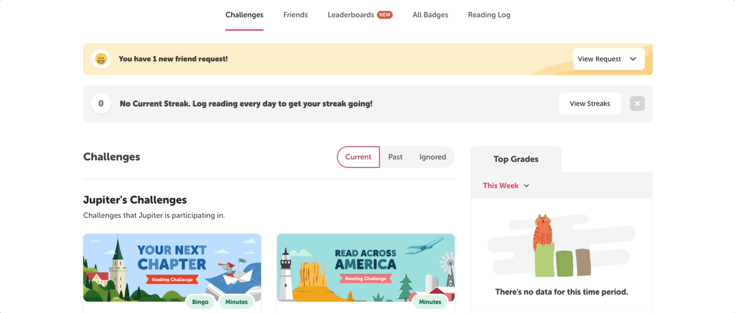 School Friends tab and viewing a friend overview, challenges, and reading log