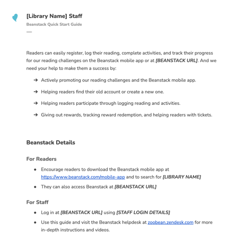 Screenshot of Beanstack Quick Start Guide for libraries (1)