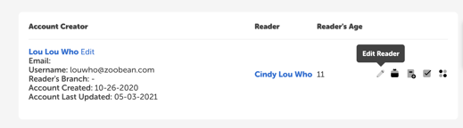 Search result for a single reader account, hovering over the ‘Edit Reader’ quick action button