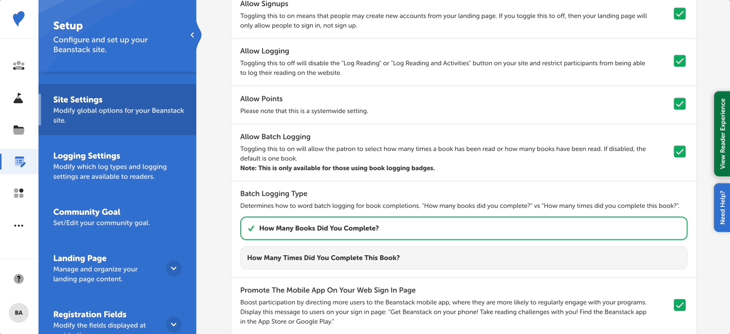 Selecting How Many Books Completed Option and viewing the reader logging form