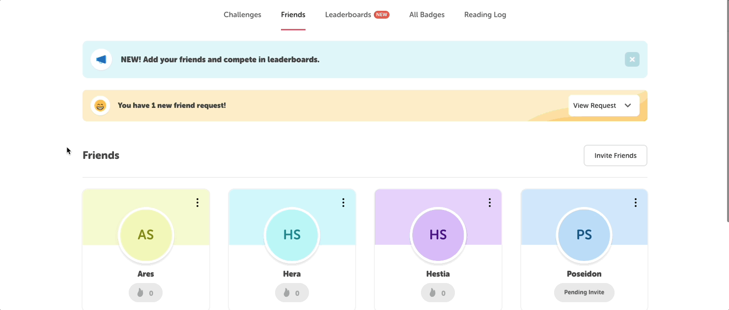 Selecting a friend profile to view their reading activity