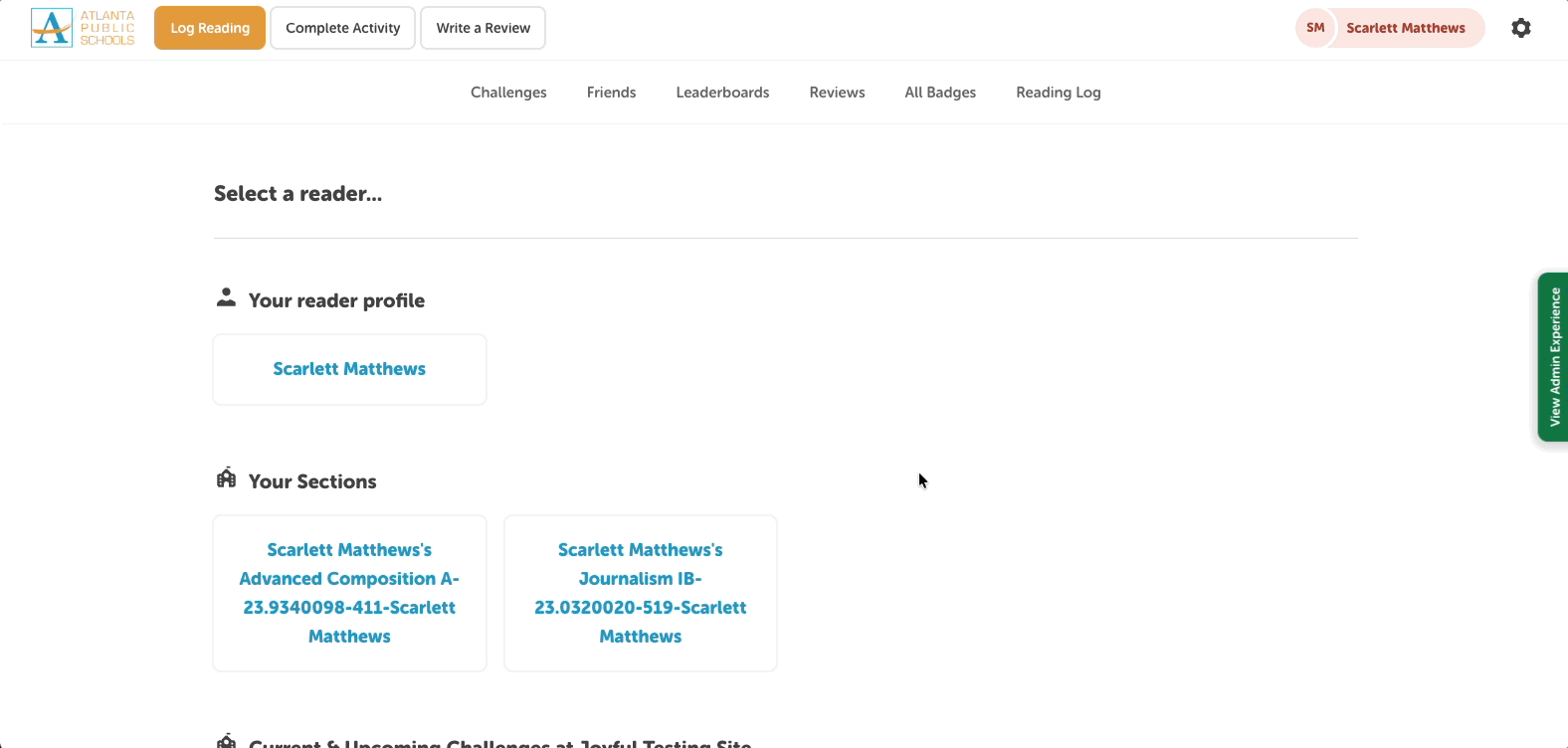 Switching back from a rostered student profile to the teacher profile on the reader view of a school site