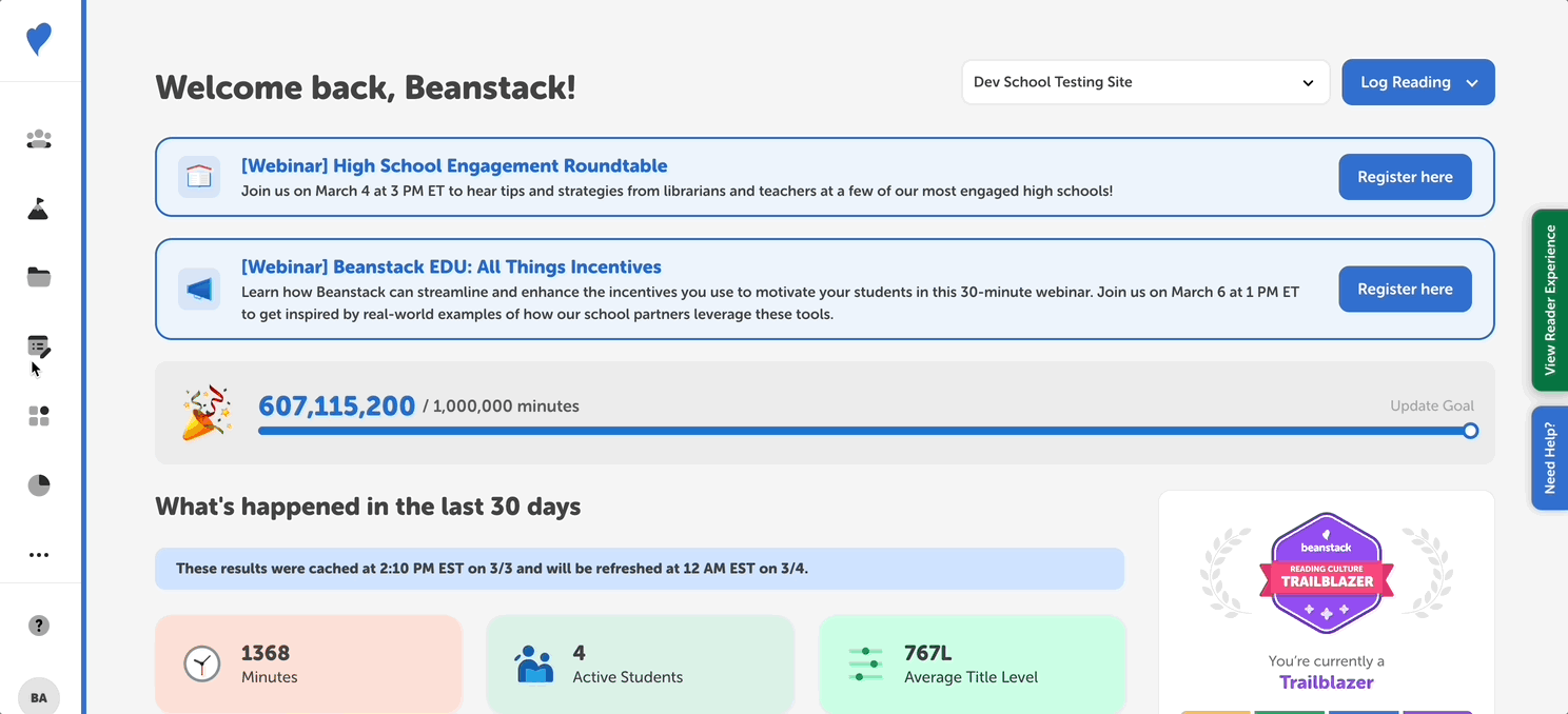 Switching on the _Combine Minutes and Books Logging_ setting from the admin view and testing in the reader view