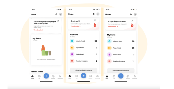 Three screenshots of the mobile app home screen showcasing reading streak progress (1)