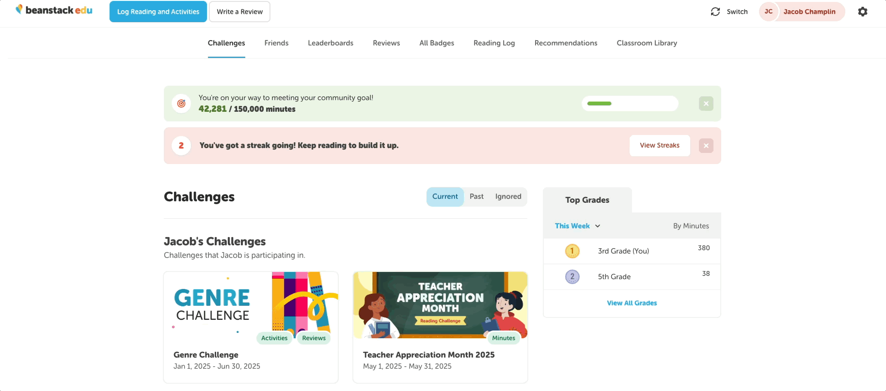 Toggling between a reader’s school and library profiles via a Beanstack tandem connection