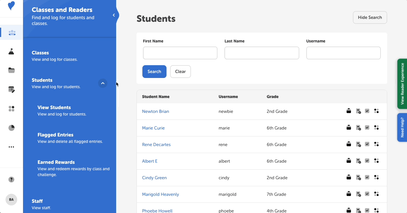 Verifying a student account on the admin view
