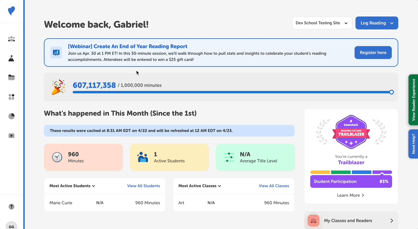 Viewing a student’s earned achievements from the admin view