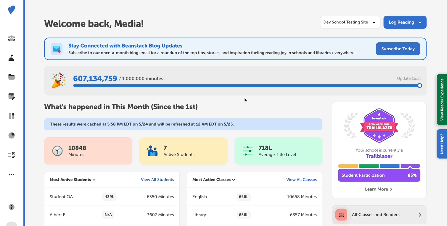 Viewing all classes as a media specialist from the admin view of a school site