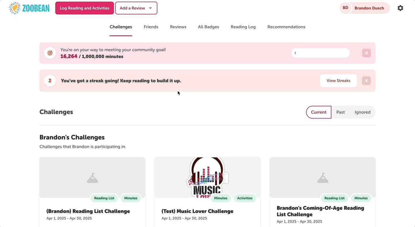 Viewing logging streaks from the reader view of a Beanstack site