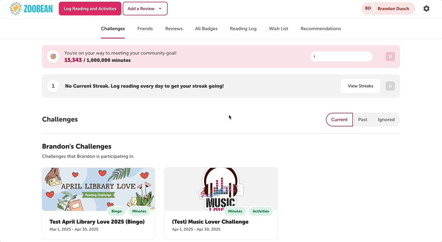 Viewing overall challenge progress from the reader view on a library site (web)
