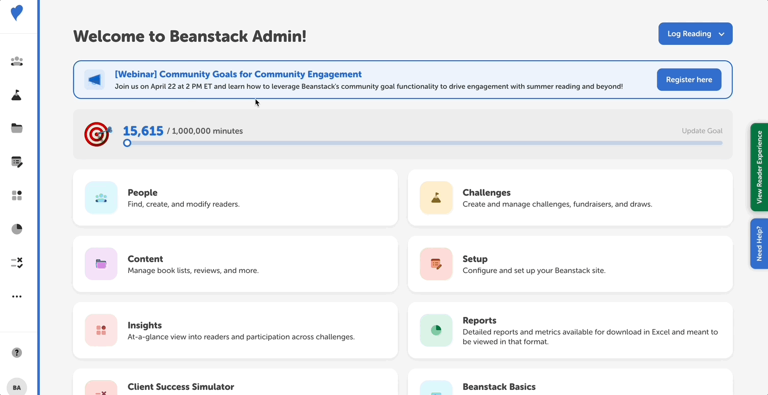 Viewing stats for a reading list challenge via Reports and Insights in the admin view
