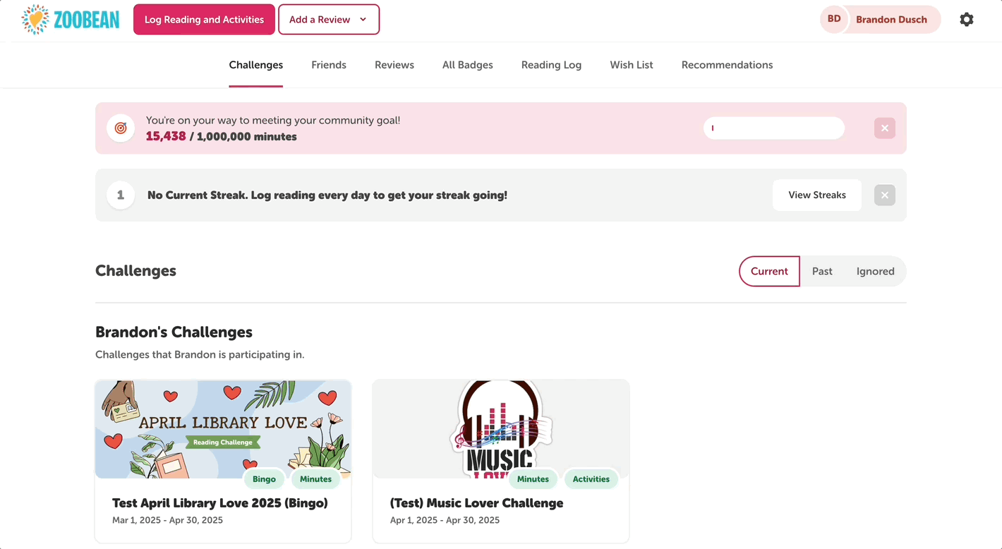 Viewing the reading log and a challenge log from the reader view of a library site
