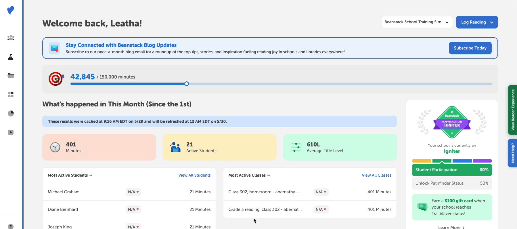 Viewing top readers rostered to a teacher from the admin view of a school site