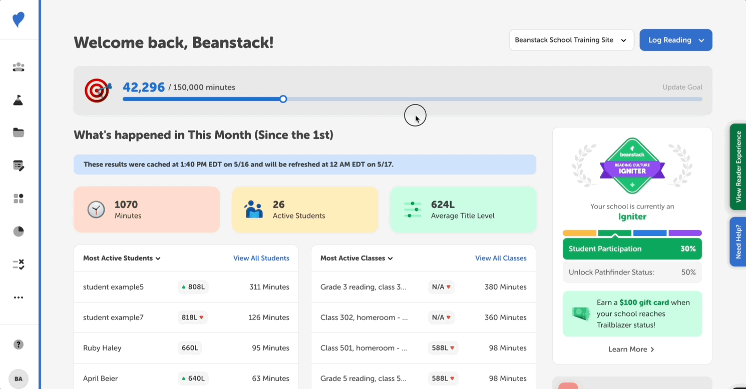 Viewing total earned badges from a school report on the admin view