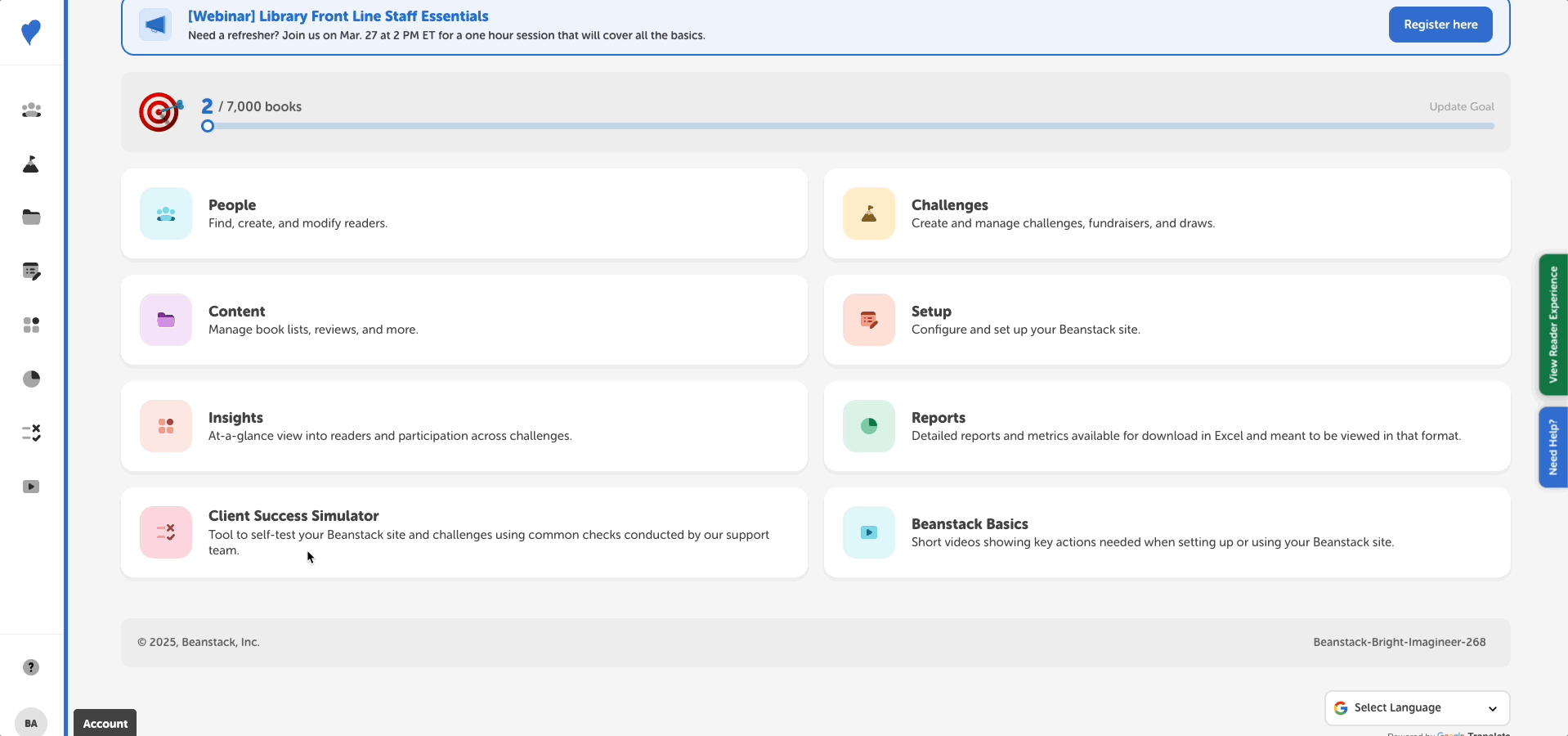 Walkthrough of Client Success Simulator features on library admin view